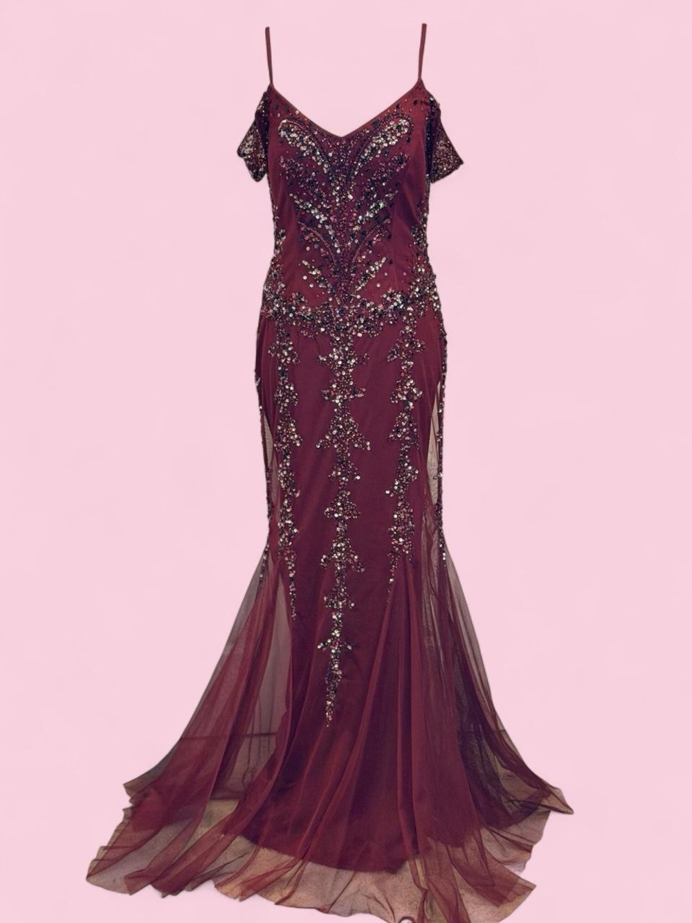 Y2K Burgundy Beaded Whimsigoth Formal Mermaid Gown